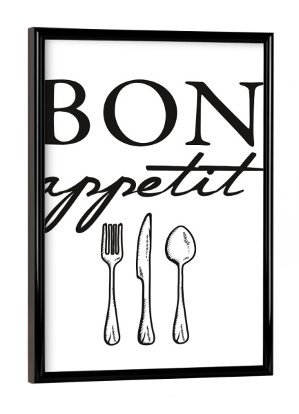 Poster mit schwarzem Rahmen "Bon appetit - Besteck" artboxONE - Typografie,Essen & Trinken,Schwarzweiß - Bon appetit,Küche,Esszimmer