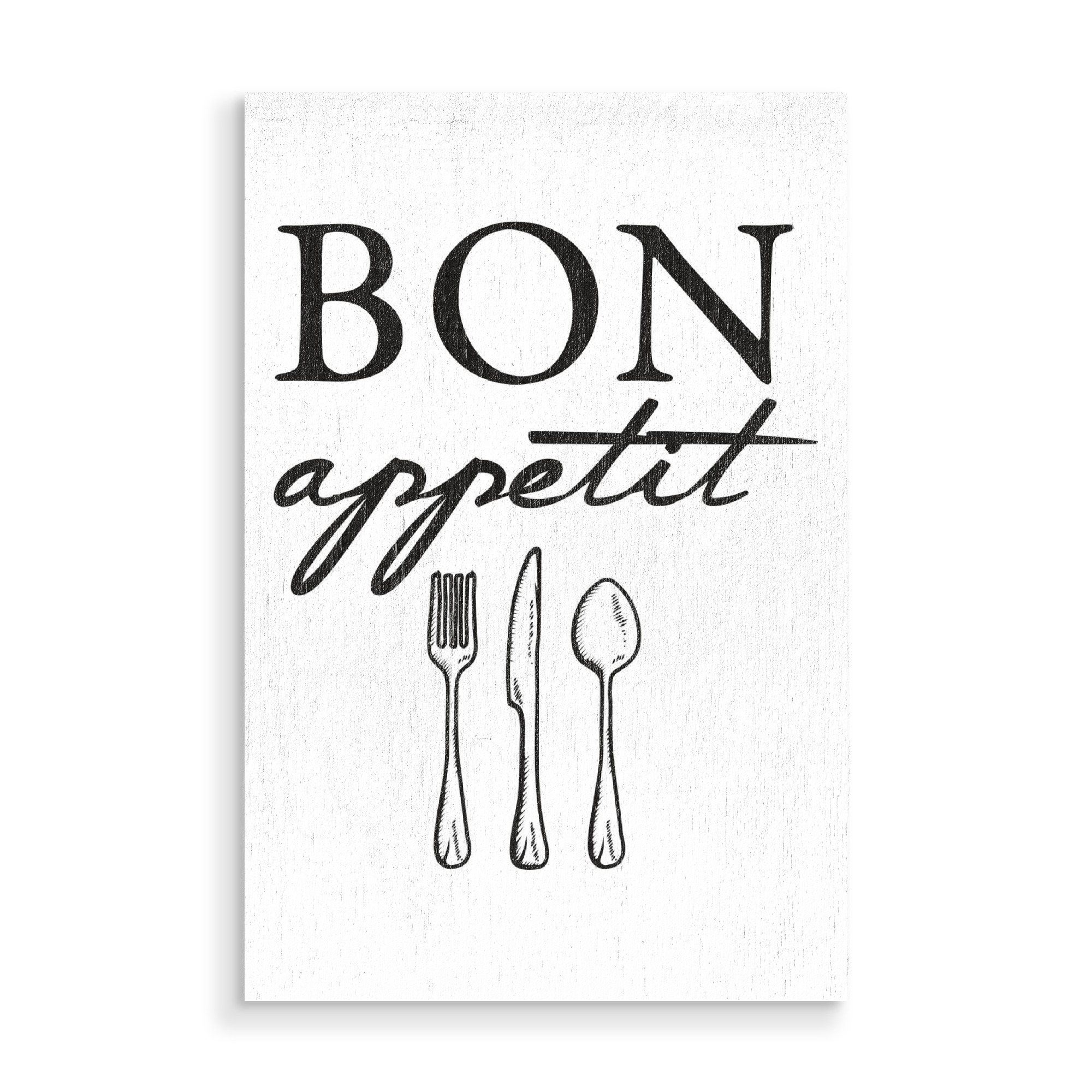 Holzbild "Bon appetit - Besteck" artboxONE - Typografie,Essen & Trinken,Schwarzweiß - Bon appetit,Küche,Esszimmer