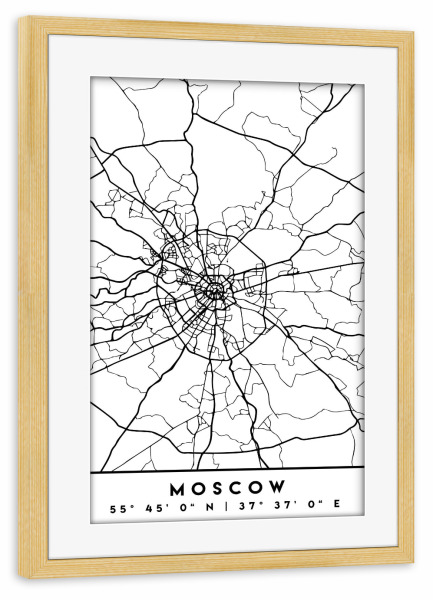 Poster mit Rahmen kiefer "MOSCOW RUSSIA BLACK CITY MAP" artboxONE - Städte,Reise,Schwarzweiß,Städte / Weitere,Kartografie