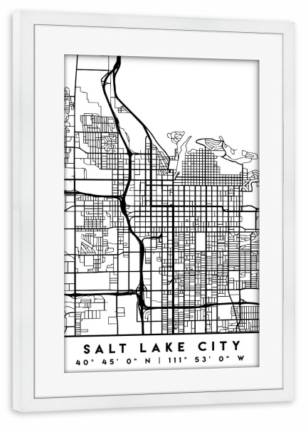 Poster mit Rahmen weiß "SALT LAKE CITY UTAH BLACK CITY MAP" artboxONE - Städte,Schwarzweiß,Städte / Weitere,Kartografie