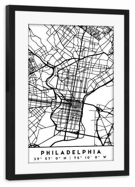 Poster mit Rahmen schwarz "PHILADELPHIA PENNSYLVANIA CITY MAP" artboxONE - Städte,Schwarzweiß,Städte / Weitere,Kartografie