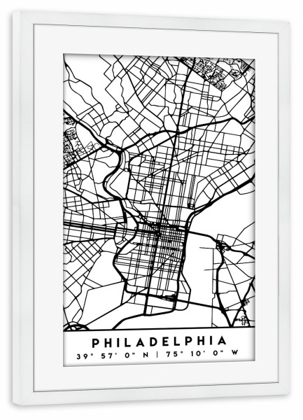 Poster mit Rahmen weiß "PHILADELPHIA PENNSYLVANIA CITY MAP" artboxONE - Städte,Schwarzweiß,Städte / Weitere,Kartografie