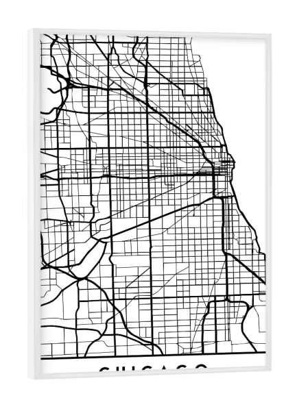 Poster mit weißem Rahmen "CHICAGO ILLINOIS BLACK CITY MAP" artboxONE - Städte,Schwarzweiß,Städte / Chicago,Kartografie