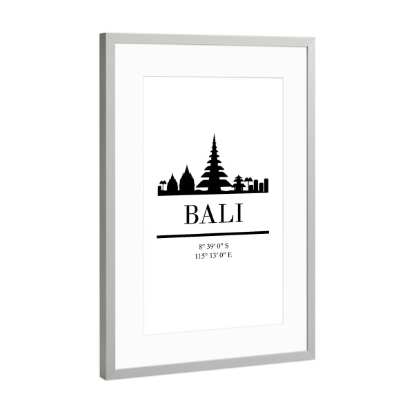Poster mit Rahmen Silber "BALI INDONESIA BLACK SKYLINE ART" artboxONE - Städte,Schwarzweiß,Städte / Weitere - Bali,Indonesia,Asia,Skyline,Coordinates
