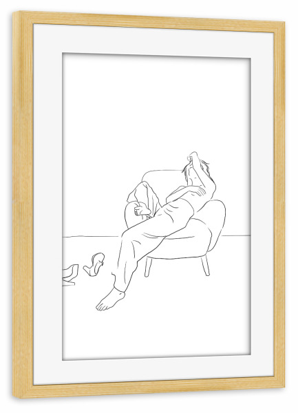 Poster mit Rahmen kiefer "Weekend" artboxONE - Menschen,Schwarzweiß - Ink pen,Woman,Lineart,Home,Relax