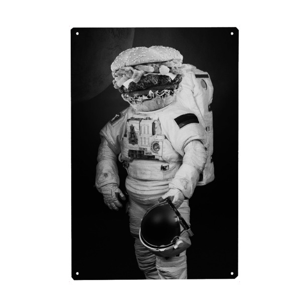 Metall Poster "AstroBURGER" artboxONE - Schwarzweiß,Galaxy - Astronaut,Burger,Fastfood,Weltall - Blechschild