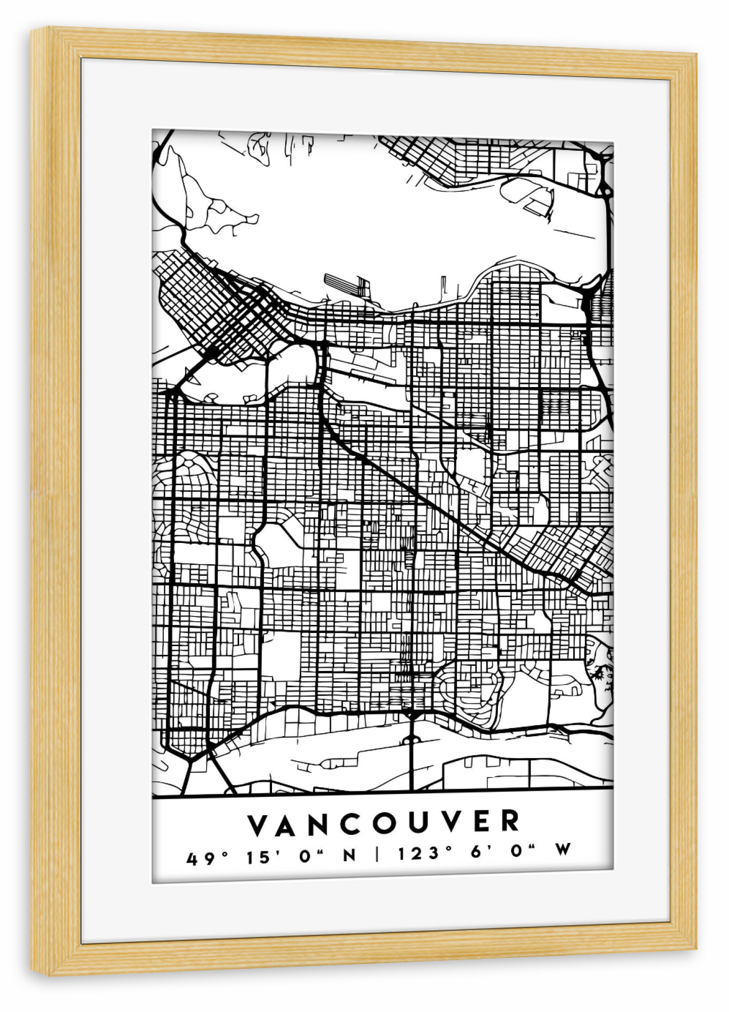 Poster mit Rahmen kiefer "VANCOUVER CANADA BLACK CITY MAP" artboxONE - Städte,Schwarzweiß,Städte / Weitere,Kartografie
