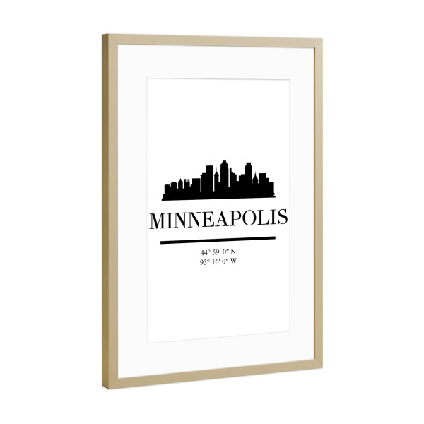 Poster mit Rahmen Gold "MINNEAPOLIS MINNESOTA SKYLINE ART" artboxONE - Städte,Reise,Schwarzweiß,Städte / Weitere,Kartografie