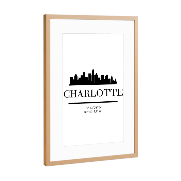 Poster mit Rahmen Kupfer "CHARLOTTE NORTH CAROLINA BLACK" artboxONE - Städte,Reise,Schwarzweiß,Städte / Weitere,Kartografie