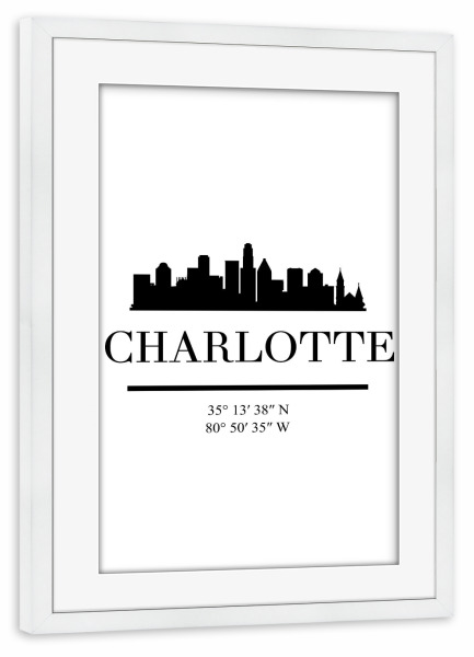 Poster mit Rahmen weiß "CHARLOTTE NORTH CAROLINA BLACK" artboxONE - Städte,Reise,Schwarzweiß,Städte / Weitere,Kartografie