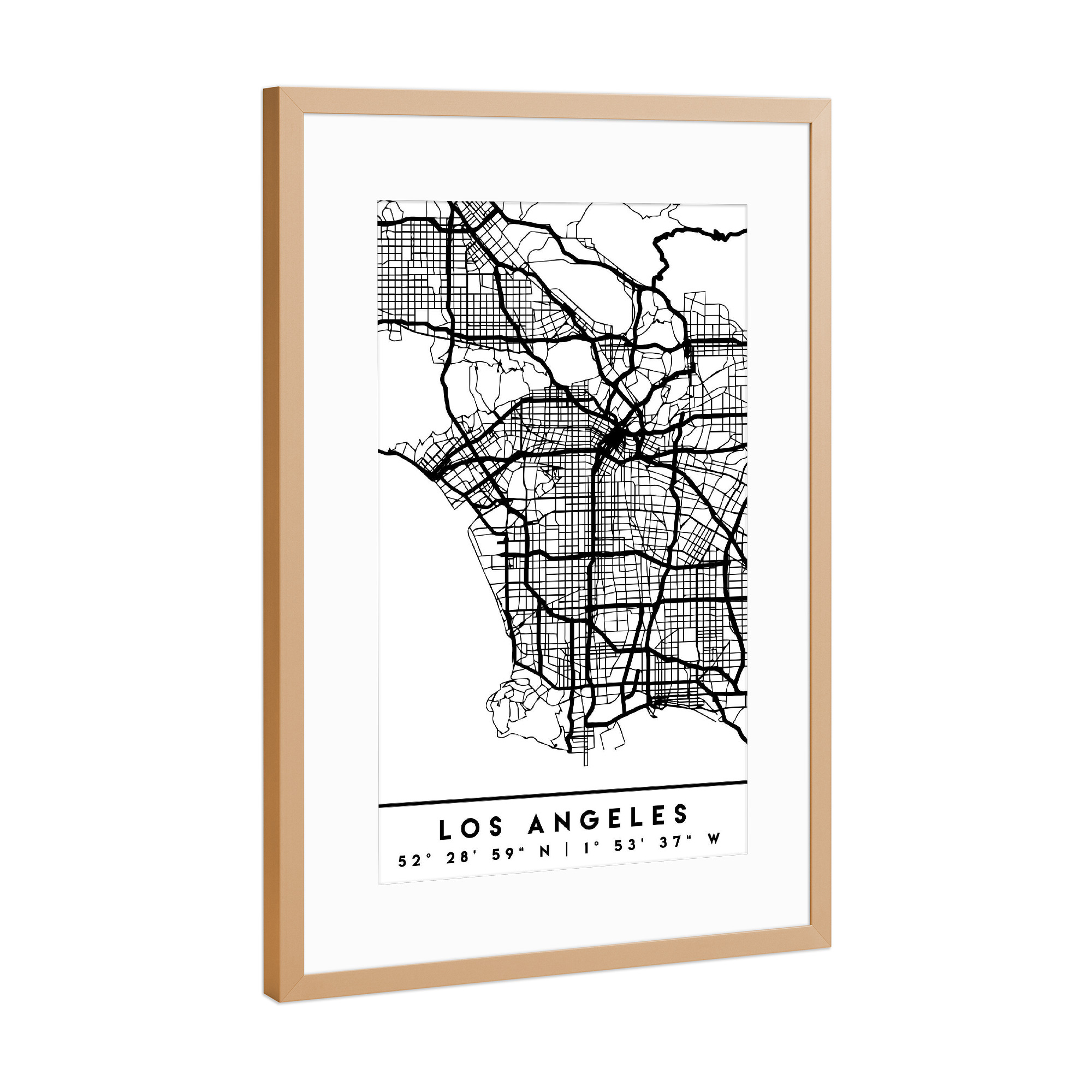 Poster mit Rahmen Kupfer "LOS ANGELES CALIFORNIA CITY MAP" artboxONE - Städte,Reise,Schwarzweiß,Städte / Los Angeles,Kartografie