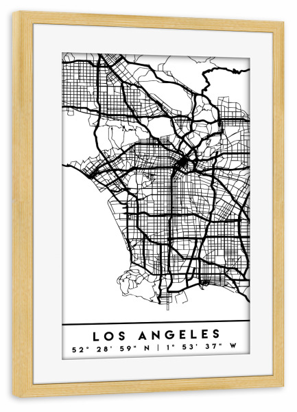 Poster mit Rahmen kiefer "LOS ANGELES CALIFORNIA CITY MAP" artboxONE - Städte,Reise,Schwarzweiß,Städte / Los Angeles,Kartografie