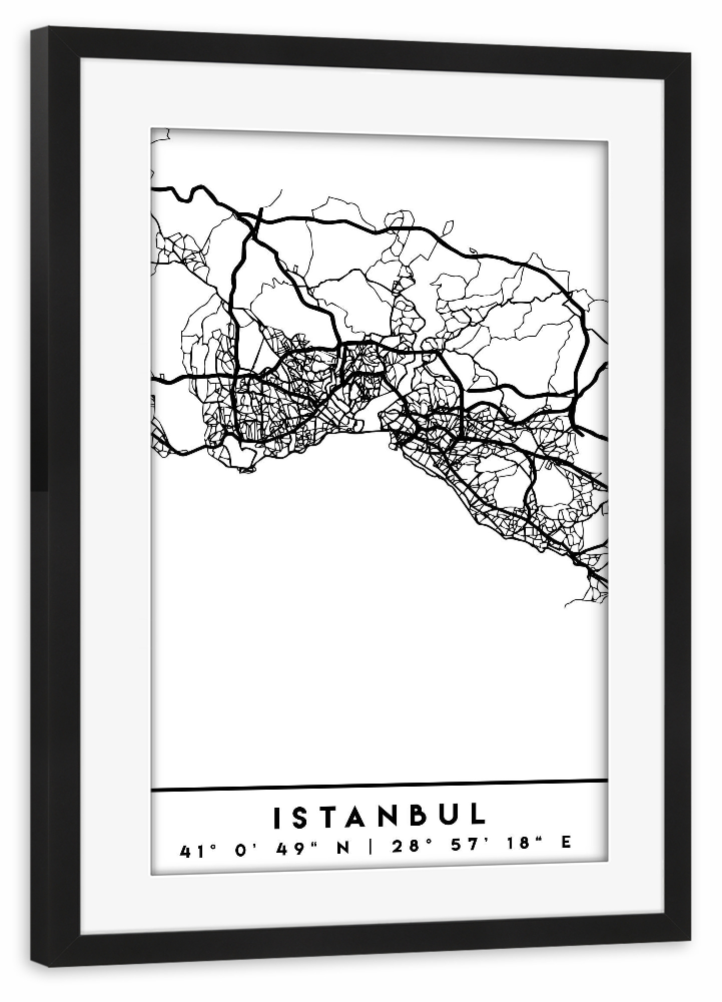 Poster mit Rahmen schwarz "ISTANBUL TURKEY BLACK CITY MAP" artboxONE - Städte,Reise,Schwarzweiß,Städte / Istanbul,Kartografie