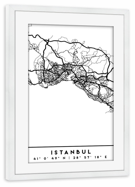 Poster mit Rahmen weiß "ISTANBUL TURKEY BLACK CITY MAP" artboxONE - Städte,Reise,Schwarzweiß,Städte / Istanbul,Kartografie