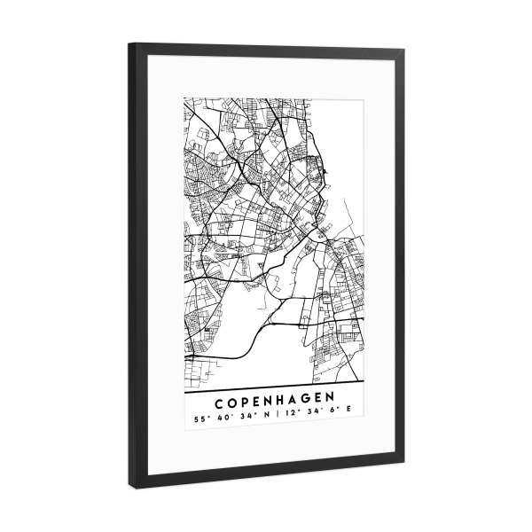 Poster mit Rahmen Schwarz (Metallic) "COPENHAGEN DENMARK CITY MAP" artboxONE - Städte,Reise,Schwarzweiß,Städte / København,Kartografie