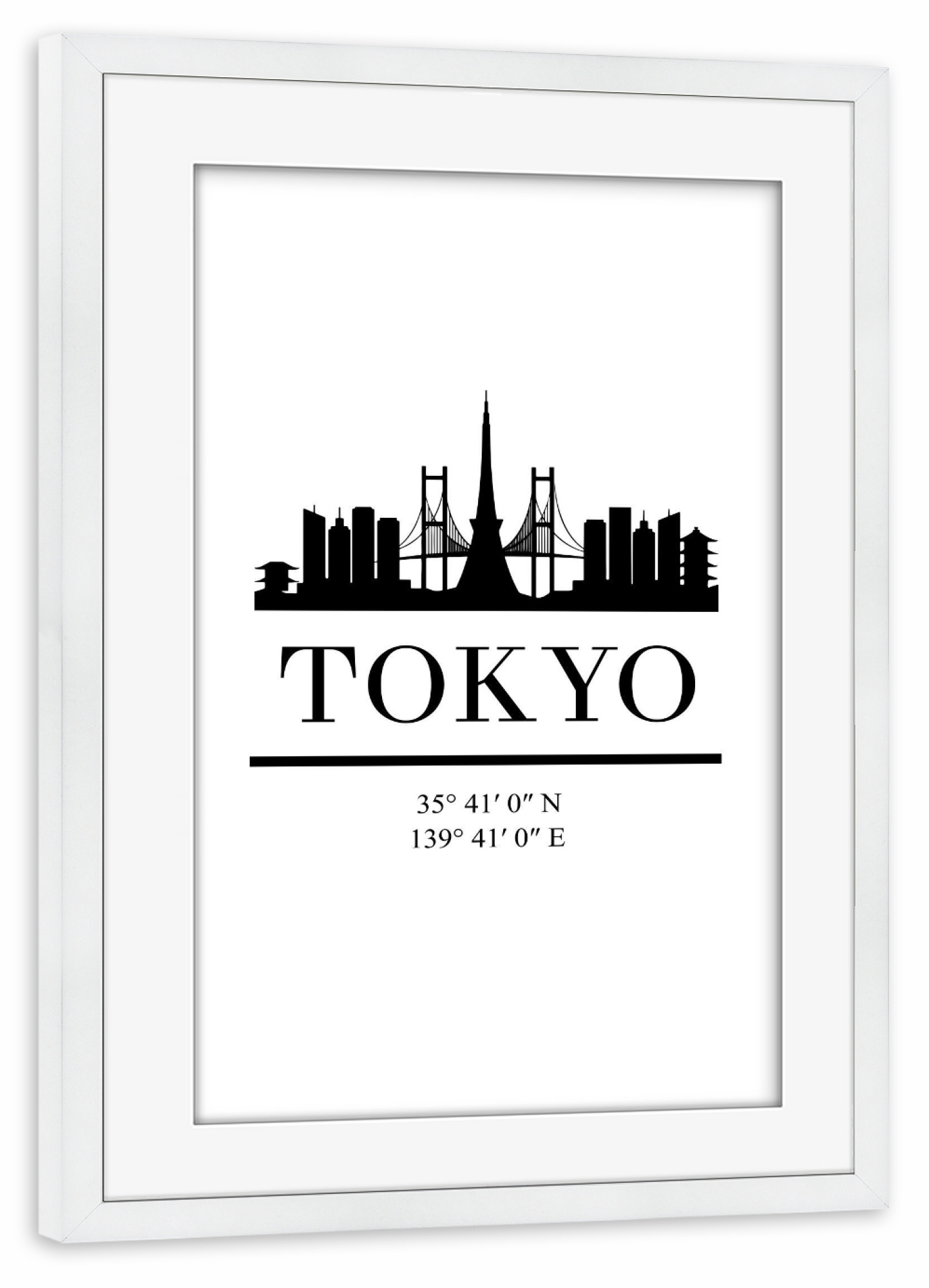Poster mit Rahmen weiß "TOKYO JAPAN BLACK SKYLINE ART" artboxONE - Städte,Reise,Schwarzweiß,Städte / Tokio,Kartografie