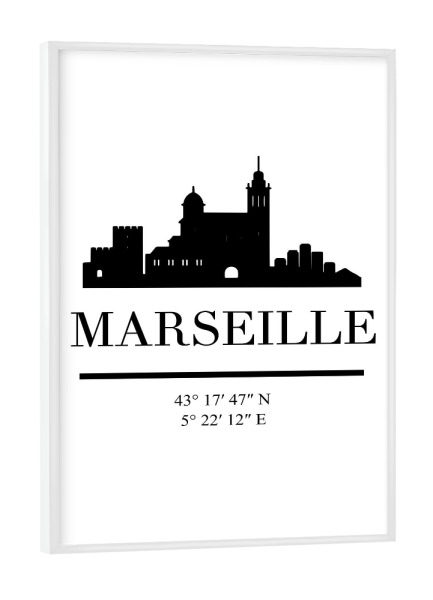 Poster mit weißem Rahmen "MARSEILLE FRANCE BLACK SKYLINE ART" artboxONE - Städte,Reise,Schwarzweiß,Städte / Weitere,Kartografie