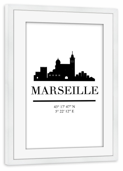Poster mit Rahmen weiß "MARSEILLE FRANCE BLACK SKYLINE ART" artboxONE - Städte,Reise,Schwarzweiß,Städte / Weitere,Kartografie