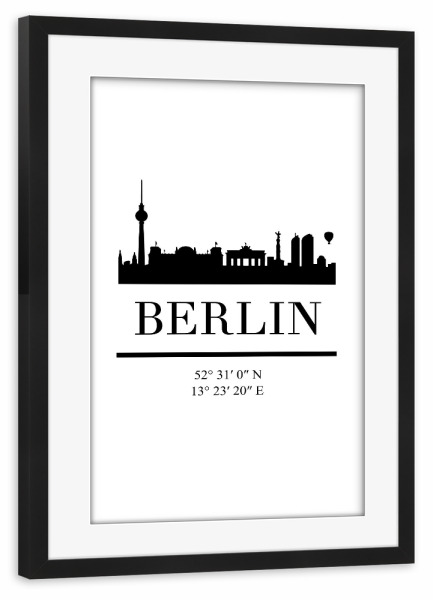 Poster mit Rahmen schwarz "BERLIN GERMANY BLACK SKYLINE ART" artboxONE - Städte,Städte / Berlin,Schwarzweiß,Kartografie
