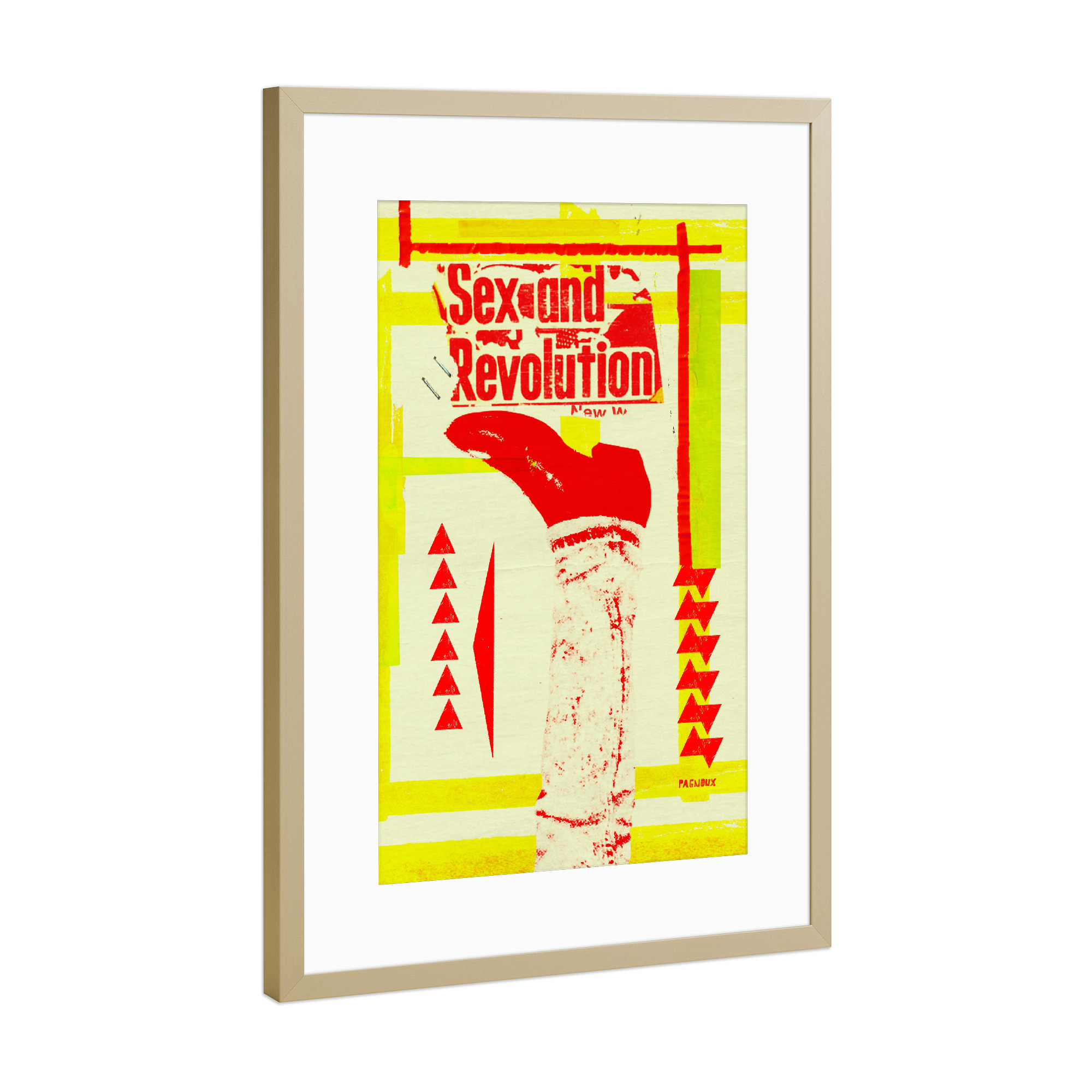 Poster mit Rahmen Gold "Sexe revolution" artboxONE - Musik,Streetart - Graphic design,Sexe,Revolution,Boots,Illustration,Collage,Yellow