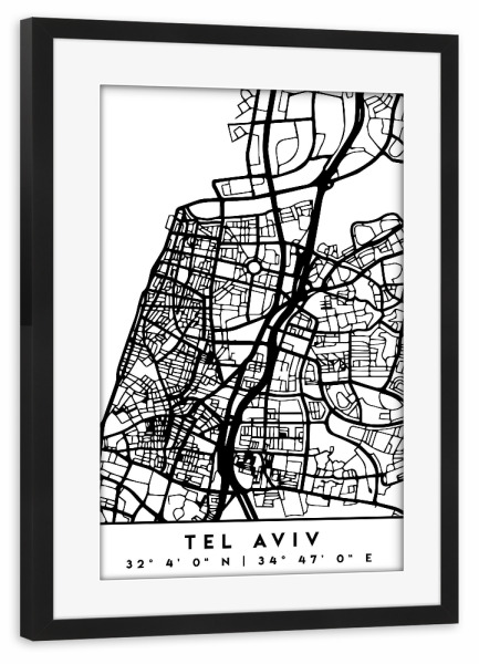 Poster mit Rahmen schwarz "TEL AVIV ISRAEL BLACK CITY MAP" artboxONE - Städte,Reise,Schwarzweiß,Städte / Weitere,Kartografie