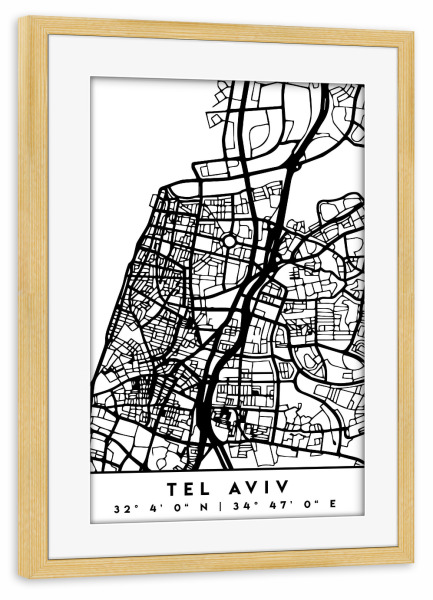 Poster mit Rahmen kiefer "TEL AVIV ISRAEL BLACK CITY MAP" artboxONE - Städte,Reise,Schwarzweiß,Städte / Weitere,Kartografie
