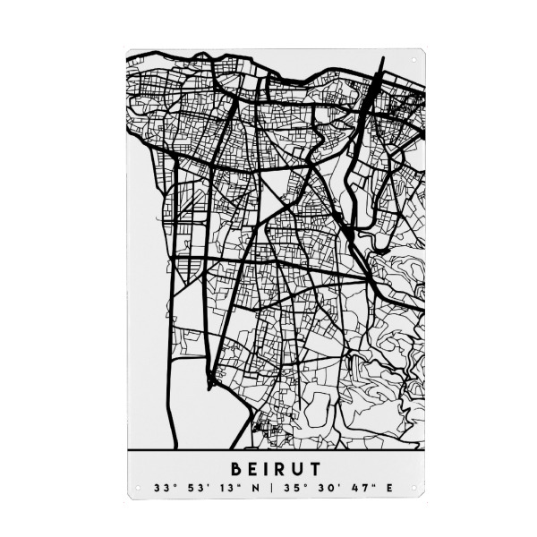 Metall Poster "BEIRUT LEBANON BLACK CITY MAP" artboxONE - Städte,Reise,Schwarzweiß,Reise / Asien,Städte / Weitere,Kartografie