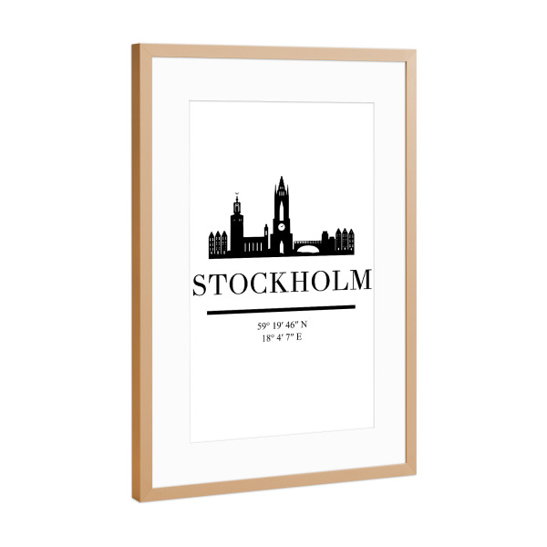 Poster mit Rahmen Kupfer "STOCKHOLM SWEDEN BLACK SKYLINE" artboxONE - Städte,Reise,Schwarzweiß,Städte / Stockholm,Kartografie