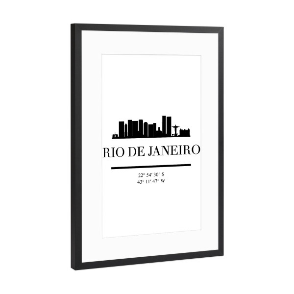 Poster mit Rahmen Schwarz (Metallic) "RIO DE JANEIRO BRAZIL SKYLINE" artboxONE - Städte,Reise,Schwarzweiß,Städte / Rio de Janeiro,Kartografie