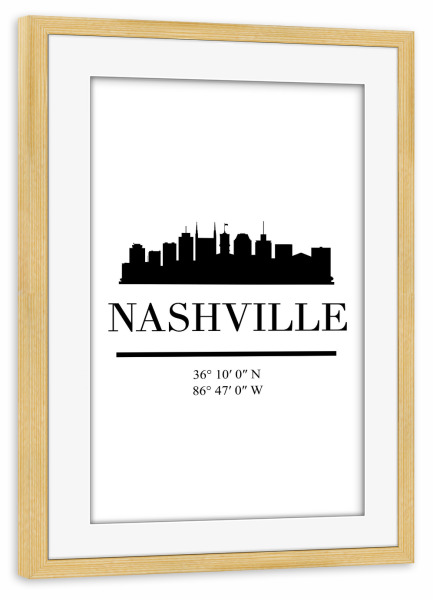 Poster mit Rahmen kiefer "NASHVILLE TENNESSEE BLACK SKYLINE" artboxONE - Städte,Reise,Schwarzweiß,Städte / Weitere,Kartografie