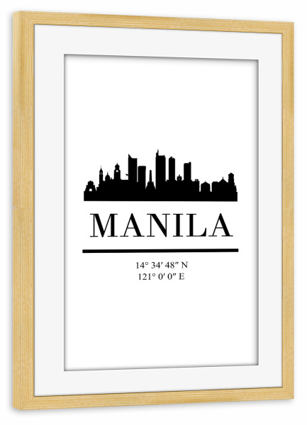 Poster mit Rahmen kiefer "MANILA PHILIPPINES BLACK SKYLINE" artboxONE - Städte,Reise,Schwarzweiß,Reise / Asien,Städte / Weitere,Kartografie