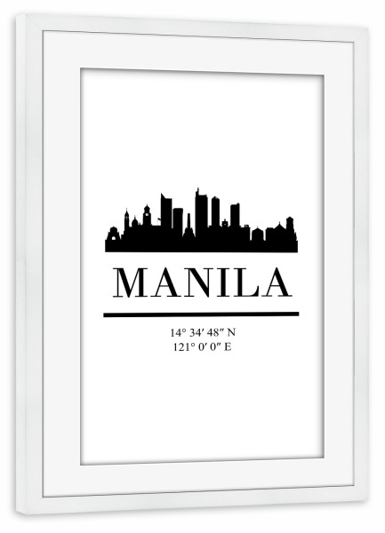 Poster mit Rahmen weiß "MANILA PHILIPPINES BLACK SKYLINE" artboxONE - Städte,Reise,Schwarzweiß,Reise / Asien,Städte / Weitere,Kartografie