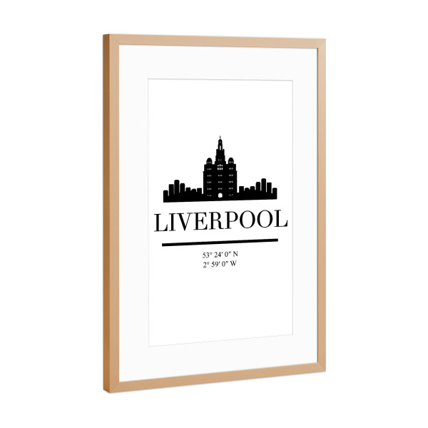 Poster mit Rahmen Kupfer "LIVERPOOL ENGLAND BLACK SKYLINE" artboxONE - Städte,Reise,Schwarzweiß,Städte / Weitere,Kartografie