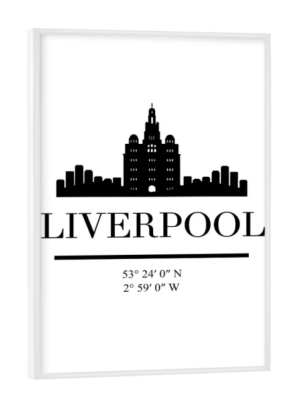 Poster mit weißem Rahmen "LIVERPOOL ENGLAND BLACK SKYLINE" artboxONE - Städte,Reise,Schwarzweiß,Städte / Weitere,Kartografie