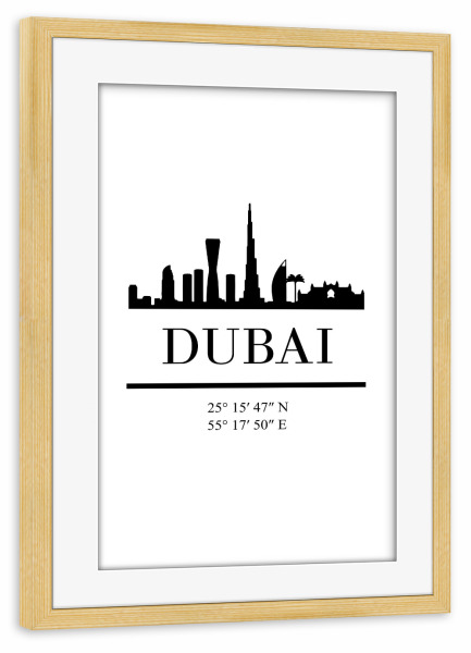 Poster mit Rahmen kiefer "DUBAI UAE BLACK SKYLINE ART" artboxONE - Städte,Reise,Schwarzweiß,Städte / Dubai,Kartografie