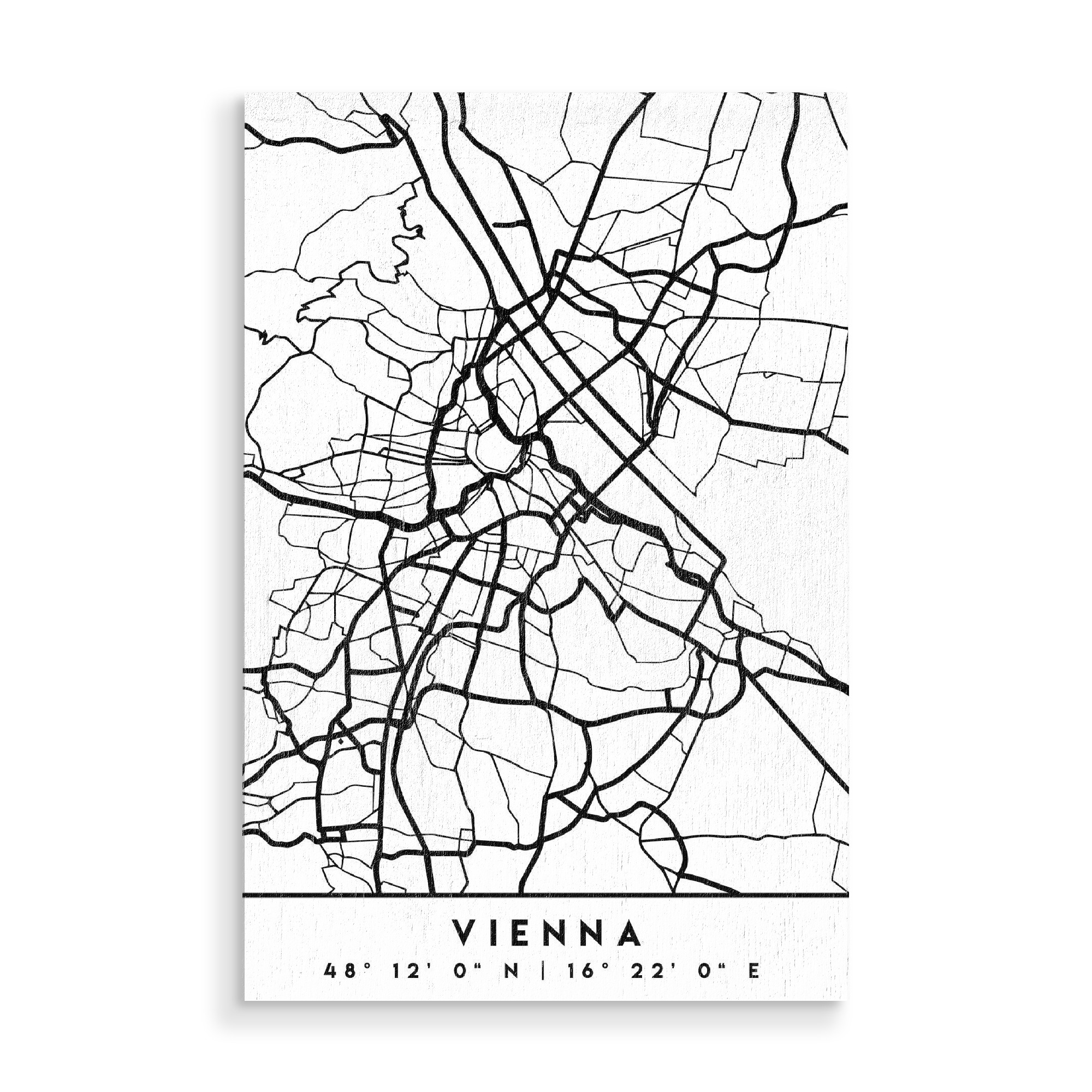Holzbild "VIENNA AUSTRIA BLACK CITY MAP" artboxONE - Städte,Reise,Schwarzweiß,Städte / Wien,Kartografie