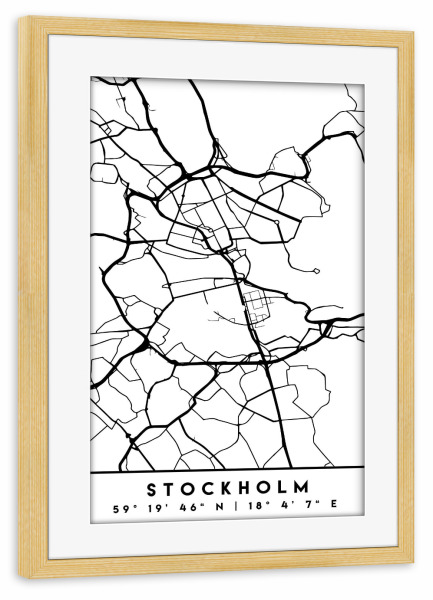 Poster mit Rahmen kiefer "STOCKHOLM SWEDEN BLACK CITY MAP" artboxONE - Städte,Reise,Schwarzweiß,Städte / Stockholm,Kartografie
