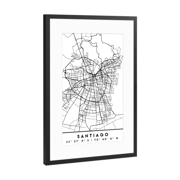 Poster mit Rahmen Schwarz (Metallic) "SANTIAGO DE CHILE BLACK CITY MAP" artboxONE - Städte,Reise,Schwarzweiß,Städte / Weitere,Kartografie