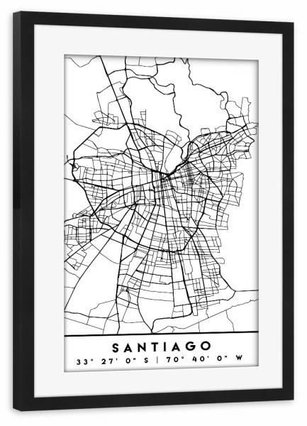 Poster mit Rahmen schwarz "SANTIAGO DE CHILE BLACK CITY MAP" artboxONE - Städte,Reise,Schwarzweiß,Städte / Weitere,Kartografie