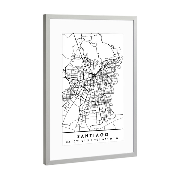 Poster mit Rahmen Silber "SANTIAGO DE CHILE BLACK CITY MAP" artboxONE - Städte,Reise,Schwarzweiß,Städte / Weitere,Kartografie