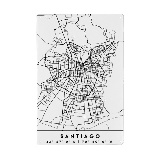 Metall Poster "SANTIAGO DE CHILE BLACK CITY MAP" artboxONE - Städte,Reise,Schwarzweiß,Städte / Weitere,Kartografie