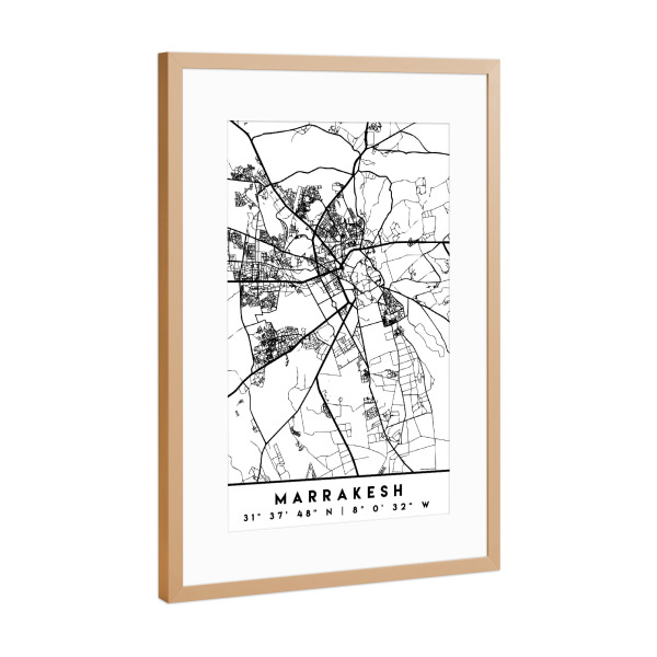 Poster mit Rahmen Kupfer "MARRAKESH MOROCCO CITY MAP" artboxONE - Städte,Reise,Schwarzweiß,Städte / Weitere,Kartografie
