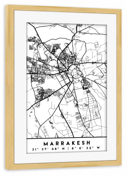 Poster mit Rahmen kiefer "MARRAKESH MOROCCO CITY MAP" artboxONE - Städte,Reise,Schwarzweiß,Städte / Weitere,Kartografie