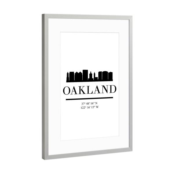 Poster mit Rahmen Silber "OAKLAND CALIFORNIA BLACK SKYLINE" artboxONE - Städte,Reise,Schwarzweiß,Städte / Weitere,Kartografie