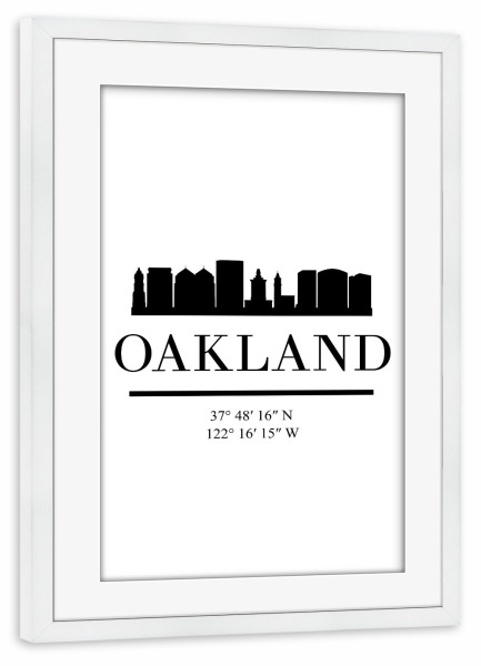 Poster mit Rahmen weiß "OAKLAND CALIFORNIA BLACK SKYLINE" artboxONE - Städte,Reise,Schwarzweiß,Städte / Weitere,Kartografie