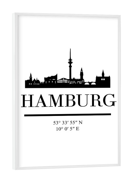 Poster mit weißem Rahmen "HAMBURG GERMANY BLACK SKYLINE ART" artboxONE - Städte,Städte / Hamburg,Reise,Schwarzweiß,Kartografie