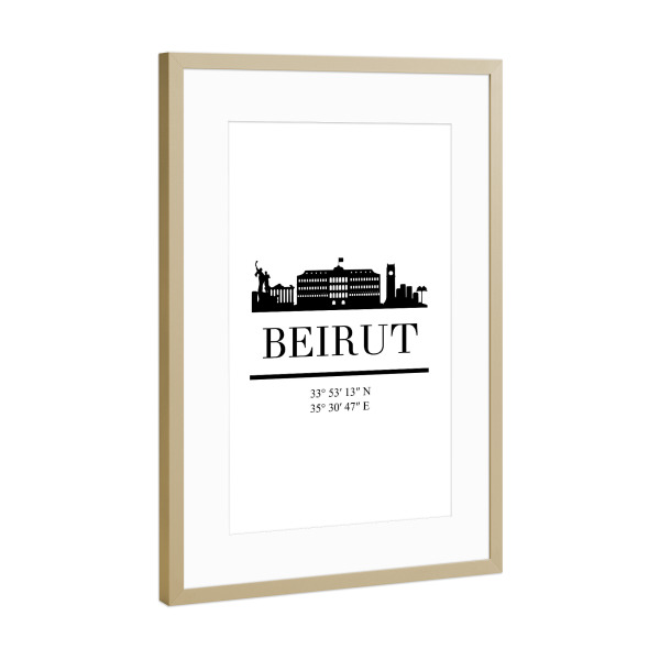 Poster mit Rahmen Gold "BEIRUT LEBANON BLACK SKYLINE ART" artboxONE - Städte,Reise,Schwarzweiß,Reise / Asien,Städte / Weitere,Kartografie