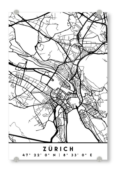 Acrylglasbild "ZURICH SWITZERLAND BLACK CITY MAP" artboxONE - Städte,Reise,Schwarzweiß,Städte / Zürich,Kartografie
