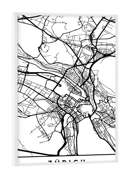Poster mit weißem Rahmen "ZURICH SWITZERLAND BLACK CITY MAP" artboxONE - Städte,Reise,Schwarzweiß,Städte / Zürich,Kartografie