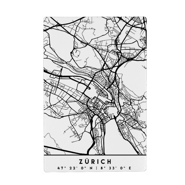 Holzbild "ZURICH SWITZERLAND BLACK CITY MAP" artboxONE - Städte,Reise,Schwarzweiß,Städte / Zürich,Kartografie